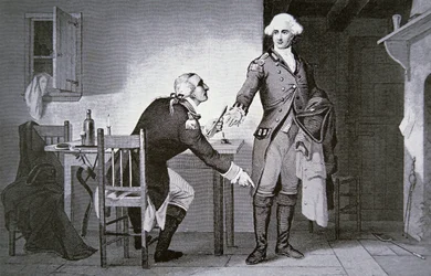 Traidor americano: O General Benedict Arnold a instruir André a esconder papéis na sua bota (litho)