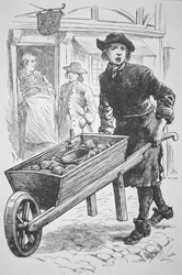 Um homem ostra na Nova Inglaterra a vender as suas mercadorias no século XVII (litho)