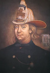 Benjamin Franklin vestindo o uniforme da Union Fire Company que fundou na Filadélfia em 1736 (cor litho)