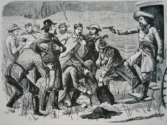 Quatro bandidos dominam e saqueiam dois oficiais e sete soldados perto de Bismarck, Território Dakota, do 