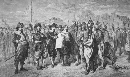Governador Kieft faz a paz com os índios em 1646 (litho)
