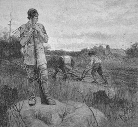 Proteger uma fazenda contra um ataque indígena, após uma ilustração de Howard Pyle (litho)