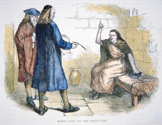 Martha Corey é acusada de bruxaria durante os julgamentos das bruxas de Salem em 1692 (cor litho)