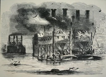 Barcos a vapor do Mississippi em chamas em St. Louis (gravura)