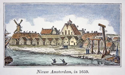 New Amsterdam (depois Nova Iorque) na ilha de Manhattan, a partir de uma vista publicada em 1659 (cor litho)