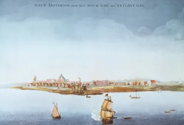 Nova Amsterdam na ilha de Manhattan em 1650 (cor litho)