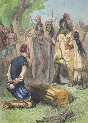 Pocahontas salva a vida de John Smith (gravura a cores)