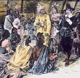 Roger Williams compra as terras necessárias aos índios Narragansett (cor litho)