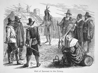 Samoset, Chefe das Servas visita os Padres Peregrinos em 1621 (litho)