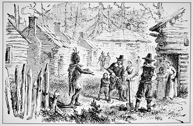 Samoset, chefe das Servas visita os Padres Peregrinos em 1621 (litho)