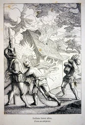 Os espanhóis na América queimando uma aldeia indígena (litho)