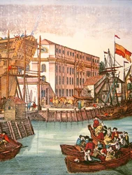 Vista do porto de Nova Iorque em meados do século XVIII (cor litho)