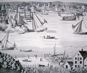Vista do East River, New York c.1750 com um centro de construção naval (litho)