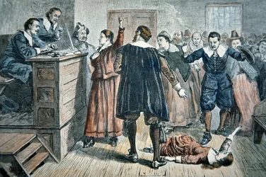 Bruxas de Salem - uma rapariga enfeitiçada num julgamento em 1692 (cor litho)