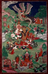 Episódio da vida de Buda: corte de cabelo. Tapeçaria. Paris, Museu Guimet, Museu Nacional de Artes Asiáticas