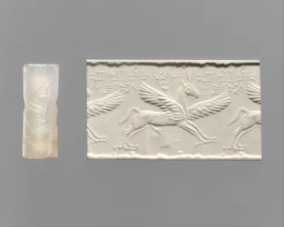 Selo cilíndrico e impressão moderna: cavalo alado com garras e chifres, séc. XIV-XIII a.C. (calcedónia)