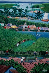 Pintura de arte naïf representando a colheita de bambu, estado da Bahia, Brasil