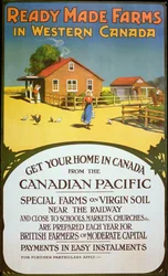 Cartaz publicitário «Quintas prontas a usar no Oeste do Canadá», c.1900