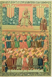 Rei James I o Conquistador que preside as Cortes de Lérida em Março de 1242, a partir de um manuscrito dos 