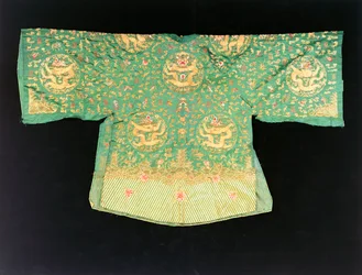 Uma túnica de dragão chinês de cetim verde oliva (cetim)