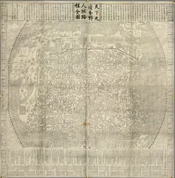Um mapa da China e países vizinhos. Marcos como a Grande Muralha. Datado de 1645.