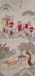Um painel de uma tela de oito dobras representando histórias famosas da China (pigmentos naturais sobre papel)