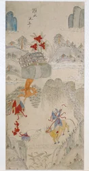 Um painel de uma tela de oito dobras representando histórias famosas da China (pigmentos naturais sobre papel)
