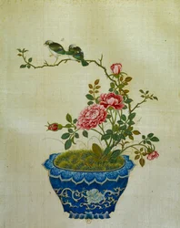 Arte China: pintura sobre flores de seda e pássaros. Anônimo