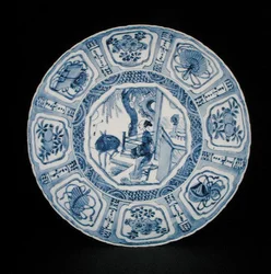 Prato de kraak azul e branco pintado com uma senhora e um veado, Wanli