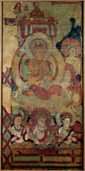 Arte chinesa: grupo de Boddhisatvas (ou Bodhisatvas). pintura em seda. Dinastia Touen Houang do século X, Musee des Arts Asians de Guimet, Paris.