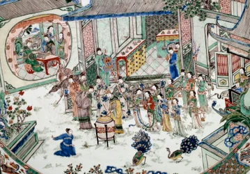 Arte chinesa: festa tradicional com concerto. Pintura em porcelana. Século XVIII. Paris, Museu Guimet, Museu Nacional de Artes Asiáticas.