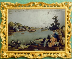 Pintura chinesa de paisagem, música e verso em espelho (pigmento sobre espelho)