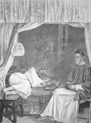 Fumadores de ópio chineses, gravação a partir de 1875 (litho)
