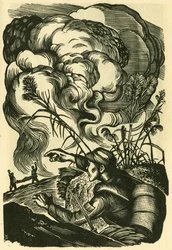 Camarada, todos juntos, cena de guerra de Liu Lun. Gravura em madeira, em "Woodcuts of war-time China 1937-1945", Xangai