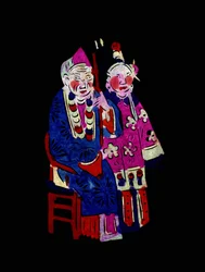 Casal em trajes tradicionais. Corte de papel pintado ou "Jian Zhi", arte popular chinesa, Pekin.