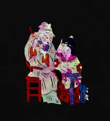 Casal com uma mulher idosa e uma rapariga jovem. Corte de papel pintado ou "Jian Zhi", arte popular chinesa, Pekin.