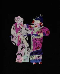 Casal com uma mulher idosa e uma rapariga jovem. Corte de papel pintado ou "Jian Zhi", arte popular chinesa, Pekin.