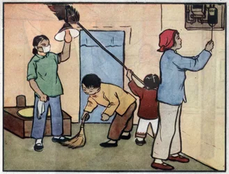 Desenho de uma família a fazer a manutenção do interior da sua casa. Ilustração, em "Como utilizar a eletricidade em segurança", China