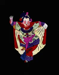 Personagem feminina da Ópera de Pekin, dançarina. Corte de papel pintado ou "Jian Zhi", arte popular chinesa, Pekin.