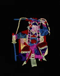 Personagem feminina da Ópera de Pekin com baloiços. Corte de papel pintado ou "Jian Zhi", arte popular chinesa, Pekin.