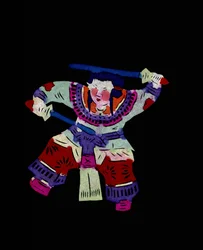 Personagem feminina a praticar arte marcial com dois baloiços. Corte de papel pintado ou "Jian Zhi", arte popular chinesa, Pekin.