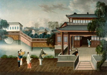 Figuras aproximando-se de uma mansão ribeirinha, c.1800 (óleo sobre tela)