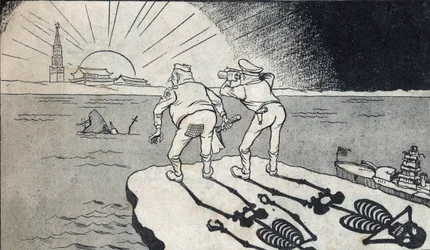 O general MacArthur com a sua sombra esquelética a olhar para os gémeos da República Popular da China. Caricatura, em "Desenhos satíricos", Pequim