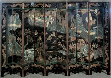Cenas de caça. Arte China: tela em verniz esculpido
