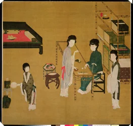 Cena interior, finais do século XVIII ou XIX (tinta preta chinesa e pigmentos fortemente aplicados sobre seda)