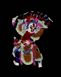 Personagem masculino da Ópera de Pekin com máscara. Recorte de papel pintado ou "Jian Zhi", arte popular chinesa, Pekin.