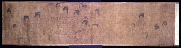 Palace Ladies at Leisure Handscroll, detalhe de senhoras fazendo música, depois de um original de Wen-chu Chou (fl.970) período Southern Sung, c.1140 (tinta e pigmento sobre seda) (ver também 114251)