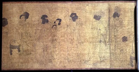 Palace Ladies at Leisure Handscroll, detalhe das senhoras a prepararem-se para sair, após um original de Wen-chu Chou (fl.970) período Southern Sung, c.1140 (tinta e pigmento sobre seda) (ver também 114250)