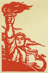 Retrato de um revolucionário chinês com uma chama e o Livro Vermelho do Presidente Mao (1893-1976) na República Popular da China. Ilustração de propaganda, em "Manuel pour bien drawing", Pekin.