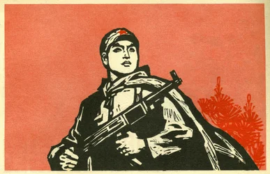 Retrato do soldado da República Popular da China. Ilustração de propaganda, em "Manuel pour bien dessiner", Pekin